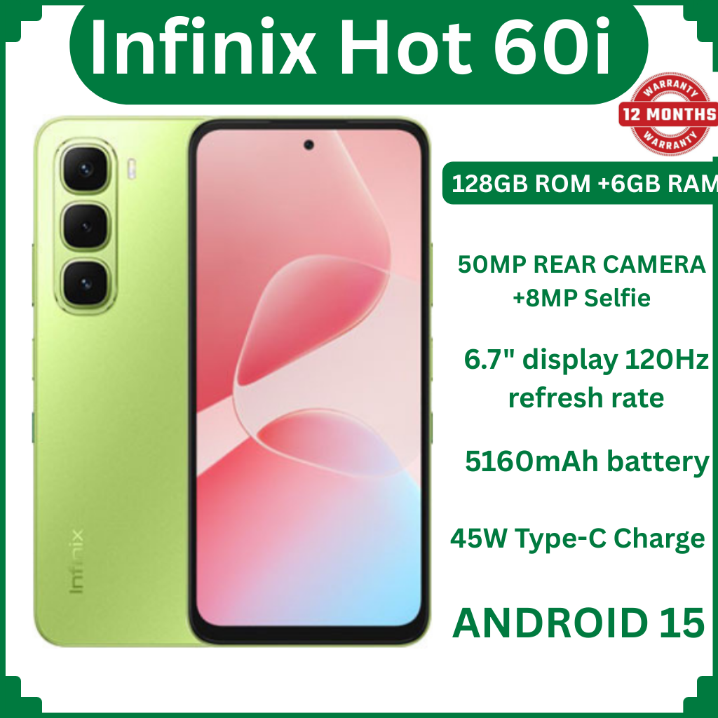 Infinix Hot 60i 128GB+12(6+6)GB 6.7" 120Hz Screen 4G Phone Dual SIM 5160mAh Battery 45W Charging 50MP Camera Fingerprint Lock Android 15 G81 Smart AI Phones