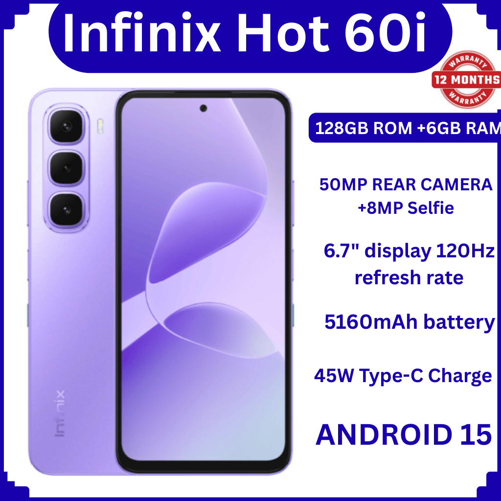 Infinix Hot 60i 128GB+12(6+6)GB 6.7" 120Hz Screen 4G Phone Dual SIM 5160mAh Battery 45W Charging 50MP Camera Fingerprint Lock Android 15 G81 Smart AI Phones