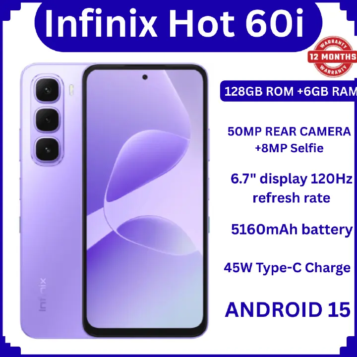 Infinix Hot 60i 128GB+12(6+6)GB 6.7" 120Hz Screen 4G Phone Dual SIM 5160mAh Battery 45W Charging 50MP Camera Fingerprint Lock Android 15 G81 Smart AI Phones