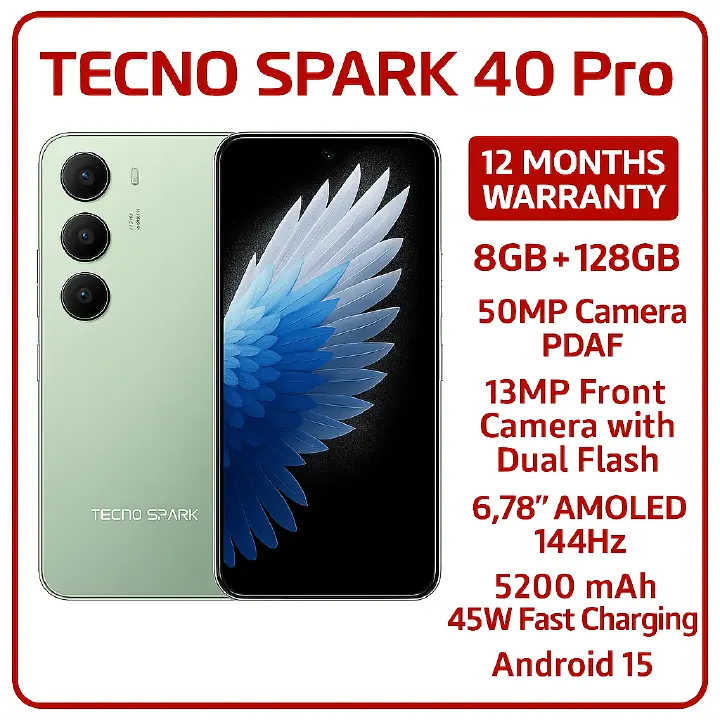 BRAND NEW Tecno Spark 40 PRO 128GBGB ROM + 8GB RAM 6.78'' 3D AMOLED DISPLAY IP64 Dust and Water Resistant Dual Sim 50MP + 13MP CAMERA 5200 MAh Battery 45W Fast charging ANDROID 15 PHONE SMARTPHONE