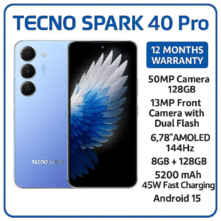 BRAND NEW Tecno Spark 40 PRO 128GBGB ROM + 8GB RAM 6.78'' 3D AMOLED DISPLAY IP64 Dust and Water Resistant Dual Sim 50MP + 13MP CAMERA 5200 MAh Battery 45W Fast charging ANDROID 15 PHONE SMARTPHONE