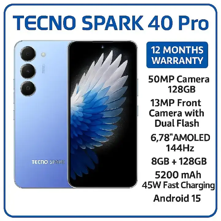 BRAND NEW Tecno Spark 40 PRO 128GBGB ROM + 8GB RAM 6.78'' 3D AMOLED DISPLAY IP64 Dust and Water Resistant Dual Sim 50MP + 13MP CAMERA 5200 MAh Battery 45W Fast charging ANDROID 15 PHONE SMARTPHONE