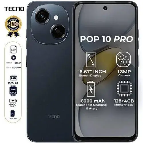 [New Arrivals] TECNO POP 10 Pro 128GB +8(4+4)GB 6.67" 120Hz Phone Dynamic Port 13MP Dual Speaker 6000mAh 18W Type-C Dual SIM 4G Side Fingerprint IP64 Smart Phones