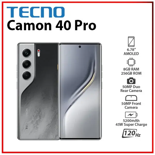 Tecno Camon 40 Pro 256GB ROM+8GB RAM 6.78' 120Hz AMOLED Display Corning Gorill 7i Glass Protection 50MP+50MP Camera MTK Helio G100 Ultimate IP69 Dust/Water Resistant 5200mAh Battery Smartphone