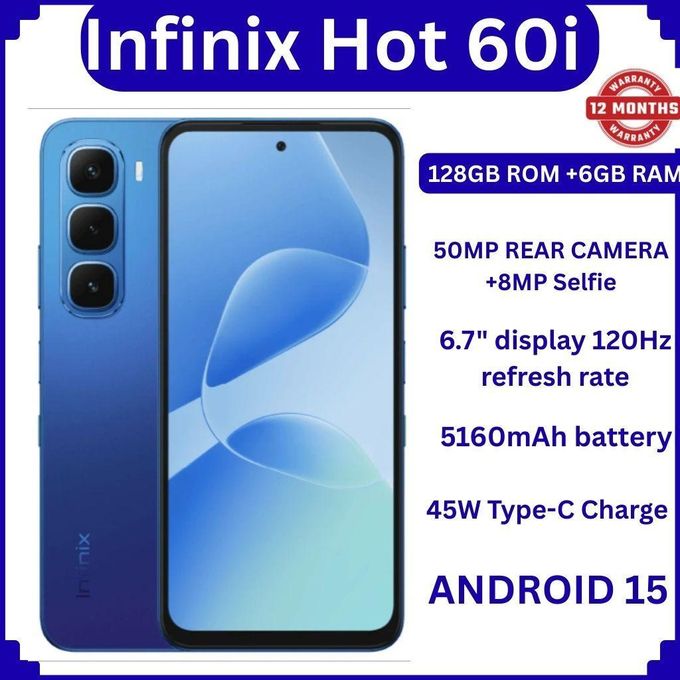 Infinix Hot 60i 128GB+12(6+6)GB 6.7" 120Hz Screen 4G Phone Dual SIM 5160mAh Battery 45W Charging 50MP Camera Fingerprint Lock Android 15 G81 Smart AI smart Phones + free gifts