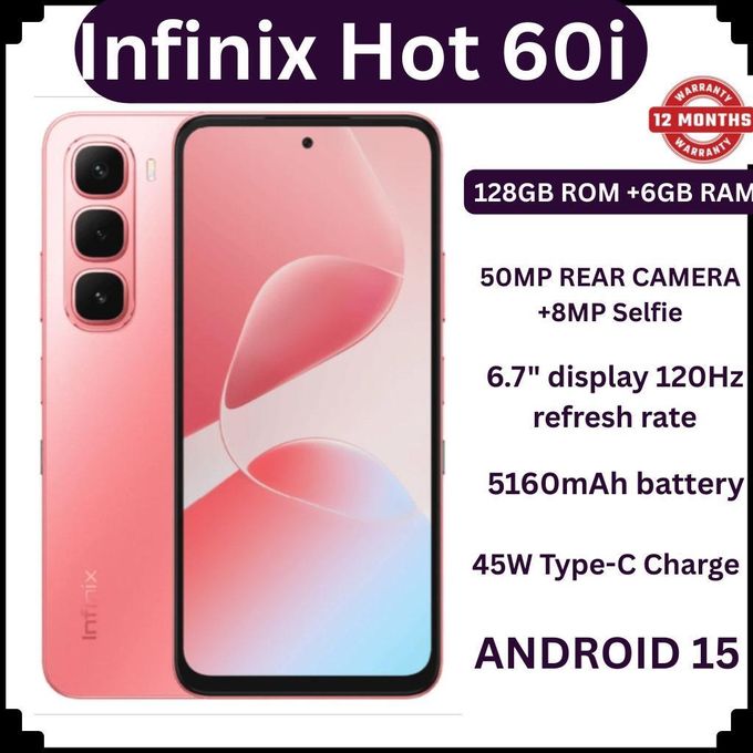 Infinix Hot 60i 128GB+12(6+6)GB 6.7" 120Hz Screen 4G Phone Dual SIM 5160mAh Battery 45W Charging 50MP Camera Fingerprint Lock Android 15 G81 Smart AI smart Phones + free gifts