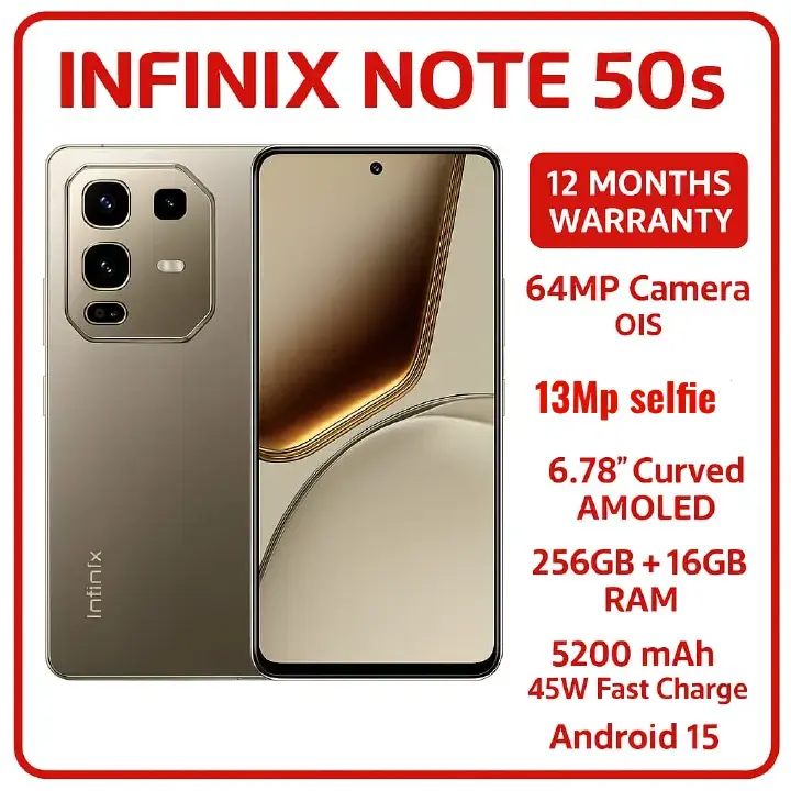 Infinix Note 50s 5G 256GB+16GB RAM (8+8GB EXTENDED) 6.78" 144Hz Amoled Dual SIM Phone 64MP Camera 5200mAh Battery 45W Charging MediaTek Dimensity 7300 Ultimate Smart Phones Smartphone