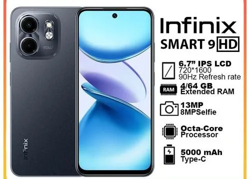 Infinix Smart 9 HD, DISPLAY 6.7" LCD , 128GB + 8GB RAM( 4 +4 GM EXTENDED) Dual SIM, 13 MP MAIN CAMERA 8MP SELFIE 5000mAh BATTERY CAPACITY ANDROID 14 PHONE SMARTPHONE