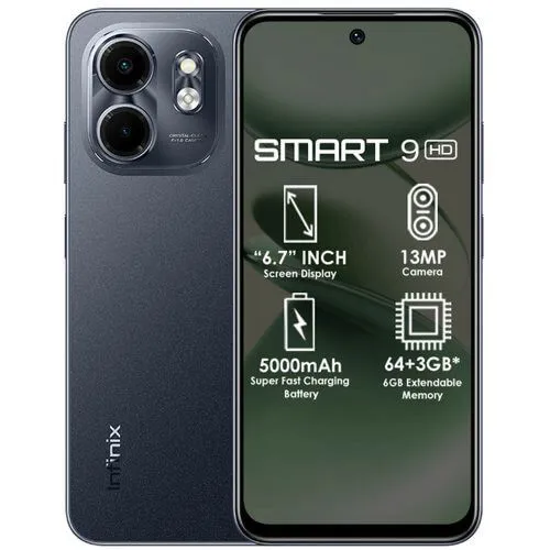 Infinix Smart 9 HD, DISPLAY 6.7" LCD , 128GB + 8GB RAM( 4 +4 GM EXTENDED) Dual SIM, 13 MP MAIN CAMERA 8MP SELFIE 5000mAh BATTERY CAPACITY ANDROID 14 PHONE SMARTPHONE