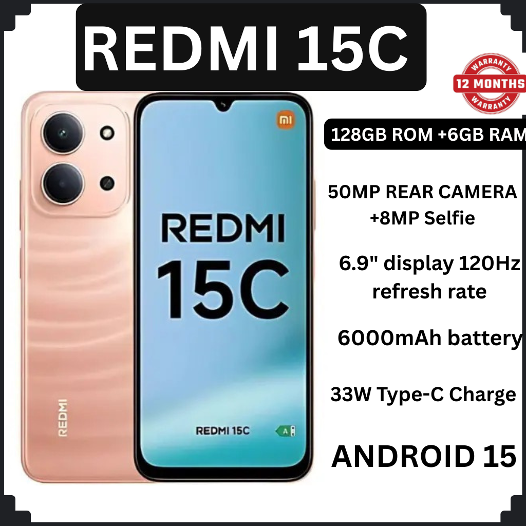 [New Arrival] Xiaomi Redmi 15C 6GB+128GB 6.9" 120Hz IPS LCD Display 50MP Camera 6000mAh Battery 33W Hyper-Charge Gorilla Glass 3 Dual SIM IP64 MTK Helio G81 Ultra Android Smartphone