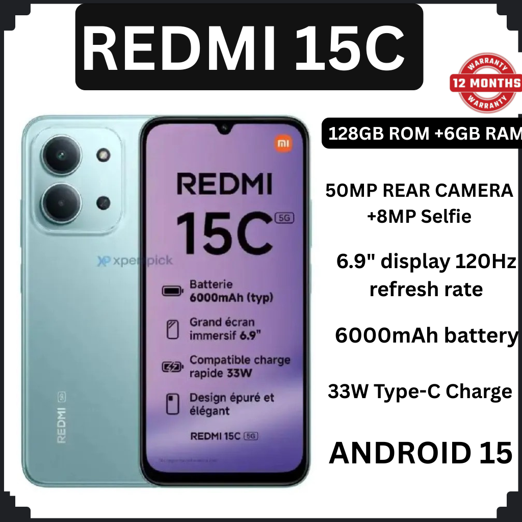 [New Arrival] Xiaomi Redmi 15C 6GB+128GB 6.9" 120Hz IPS LCD Display 50MP Camera 6000mAh Battery 33W Hyper-Charge Gorilla Glass 3 Dual SIM IP64 MTK Helio G81 Ultra Android Smartphone
