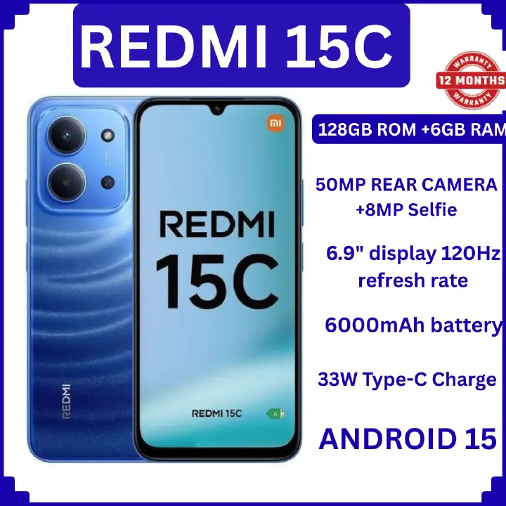 [New Arrival] Xiaomi Redmi 15C 6GB+128GB 6.9" 120Hz IPS LCD Display 50MP Camera 6000mAh Battery 33W Hyper-Charge Gorilla Glass 3 Dual SIM IP64 MTK Helio G81 Ultra Android Smartphone