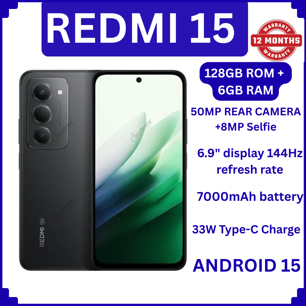 [NEW ARRIVAL] Redmi 15 4G 6.9" 128GB ROM +6GB RAM 7000mAh 33W charger ip64 50MP+8 MP Octa-core Qualcomm SM6225 Snapdragon 685 (6 nm)IPS LCD, 144Hz Android 15 Fingerprint phone smartphones +FREE GIFTS