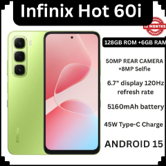 Infinix Hot 60i 128GB+12(6+6)GB 6.7" 120Hz Screen 4G Phone Dual SIM 5160mAh Battery 45W Charging 50MP Camera Fingerprint Lock Android 15 G81 Smart AI smart Phones + free gifts