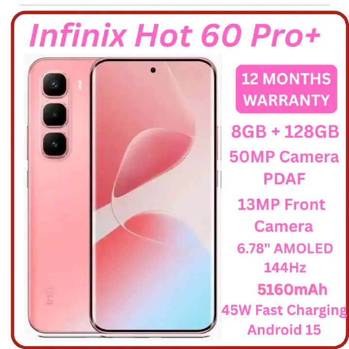 [New Arrival] Infinix Hot 60 Pro Plus 128GB+16(8+8)GB 6.78" 144Hz Curved AMOLED Display 50+13MP Camera 5160mAh Battery 45W Fast Charging Corning Gorilla Glass 7i IP65 Infinix Hot 60 Pro+ AI Smartphone