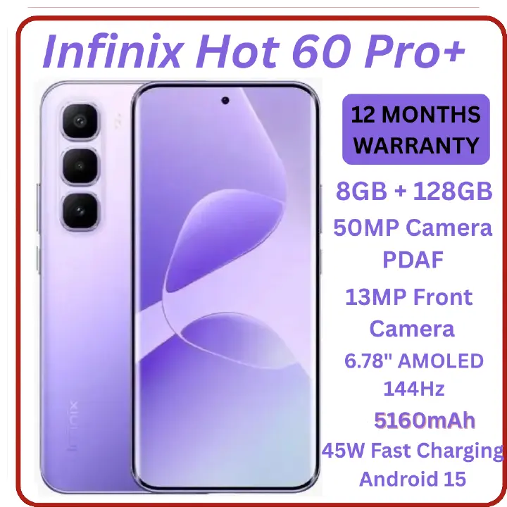 [New Arrival] Infinix Hot 60 Pro Plus 128GB+16(8+8)GB 6.78" 144Hz Curved AMOLED Display 50+13MP Camera 5160mAh Battery 45W Fast Charging Corning Gorilla Glass 7i IP65 Infinix Hot 60 Pro+ AI Smartphone