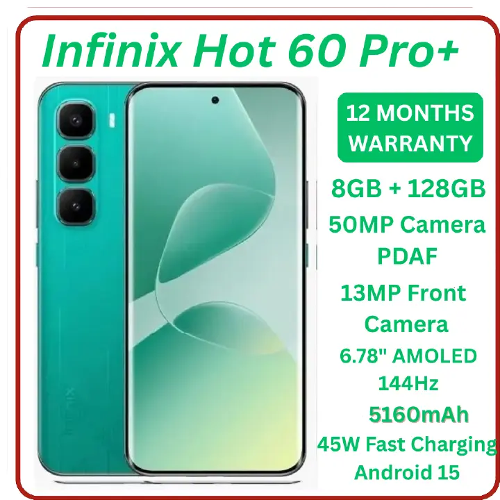 [New Arrival] Infinix Hot 60 Pro Plus 128GB+16(8+8)GB 6.78" 144Hz Curved AMOLED Display 50+13MP Camera 5160mAh Battery 45W Fast Charging Corning Gorilla Glass 7i IP65 Infinix Hot 60 Pro+ AI Smartphone