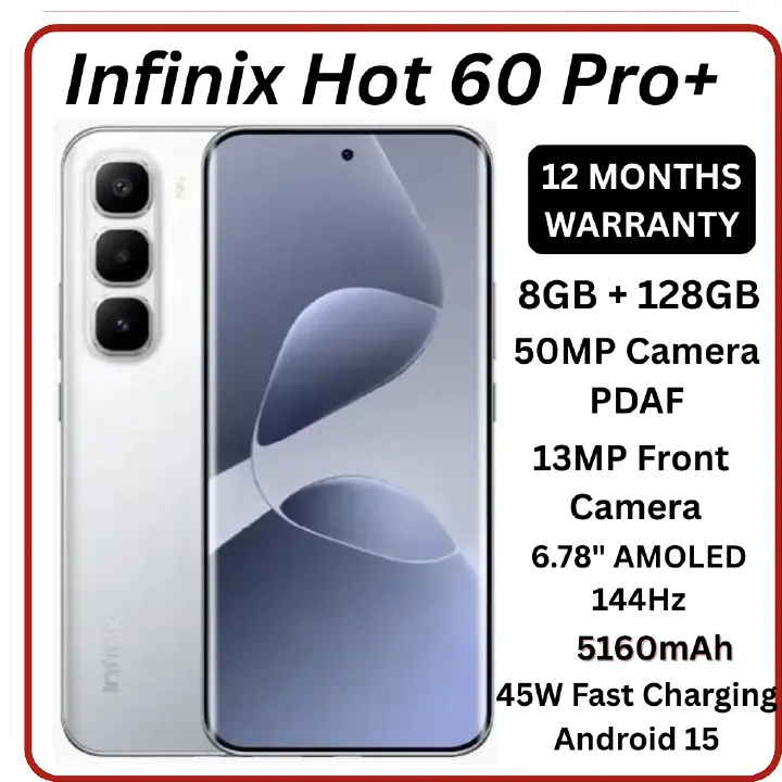 [New Arrival] Infinix Hot 60 Pro Plus 128GB+16(8+8)GB 6.78" 144Hz Curved AMOLED Display 50+13MP Camera 5160mAh Battery 45W Fast Charging Corning Gorilla Glass 7i IP65 Infinix Hot 60 Pro+ AI Smartphone