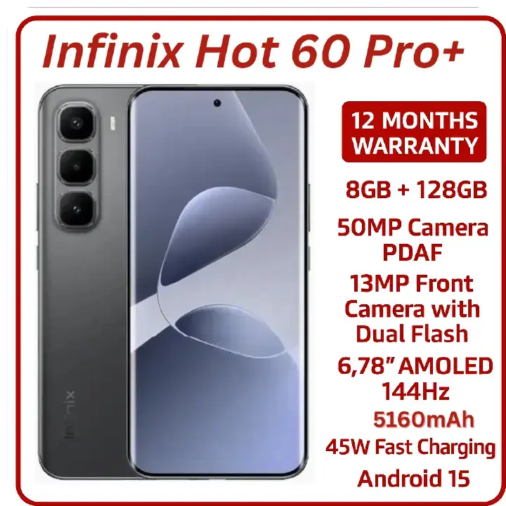 [New Arrival] Infinix Hot 60 Pro Plus 128GB+16(8+8)GB 6.78" 144Hz Curved AMOLED Display 50+13MP Camera 5160mAh Battery 45W Fast Charging Corning Gorilla Glass 7i IP65 Infinix Hot 60 Pro+ AI Smartphone