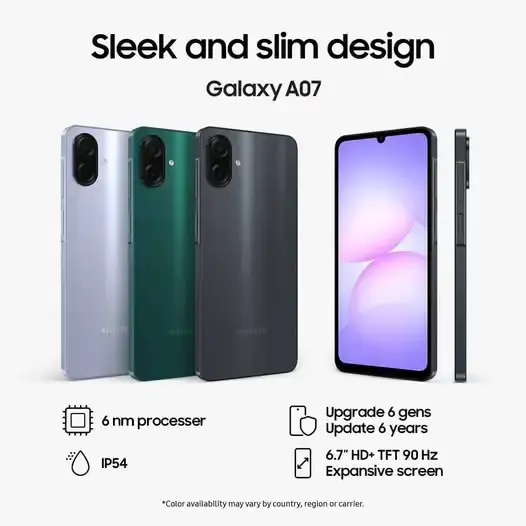 Samsung Galaxy A07 64GB+4GB 6.7" 90Hz Display 50MP Rear+8MP Front Cameras 5000mAh Battery 25W Fast Charging IP54 One UI 7 Android 15+(6Years Of OS Updates) Galaxy AI Smartphones smart phone