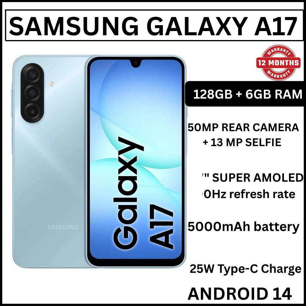 [ NEW ARRIVAL] Samsung Galaxy A17 4G 6.7'' 128 GB ROM + 6 GB RAM 5000 mAh 50 MP+ 13 MP camera Android 15 Exynos 1330 (5 nm) Octa-core Super AMOLED Fingerprint (side-mounted) smartphones