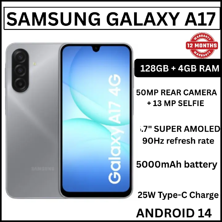 [ NEW ARRIVAL] Samsung Galaxy A17 4G 6.7'' 128 GB ROM + 4 GB RAM 5000 mAh 50 MP+ 13 MP camera Android 15 Exynos 1330 (5 nm) Octa-core Super AMOLED Fingerprint (side-mounted) smartphones