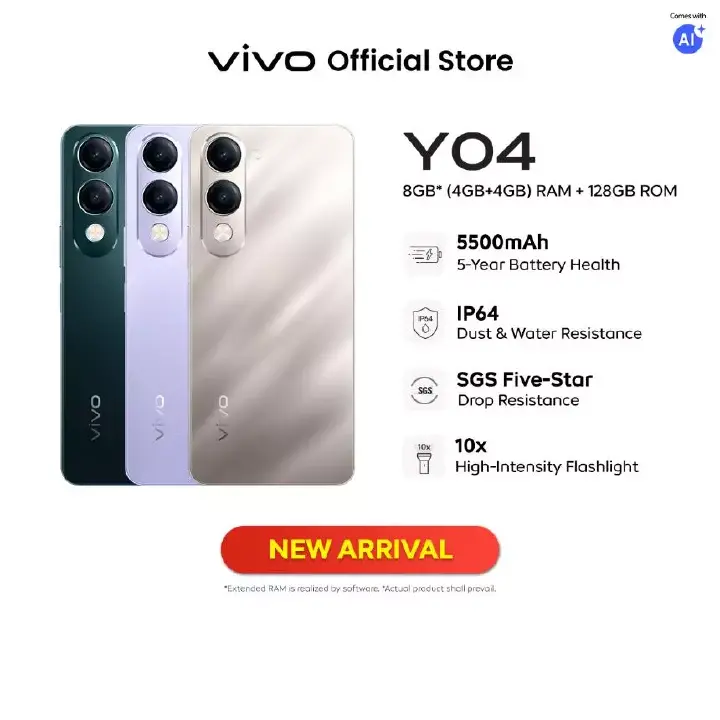 BRAND NEW Vivo Y04 6.74" IPS LCD display 128GB ROM+ 4GB RAM 5500mAh BATTERY CAPACITY (Dual Sim) 13MP Main camera 5mp selfie 90HZ REFRESH RATE ANDROID 14 PHONES SMART PHONE