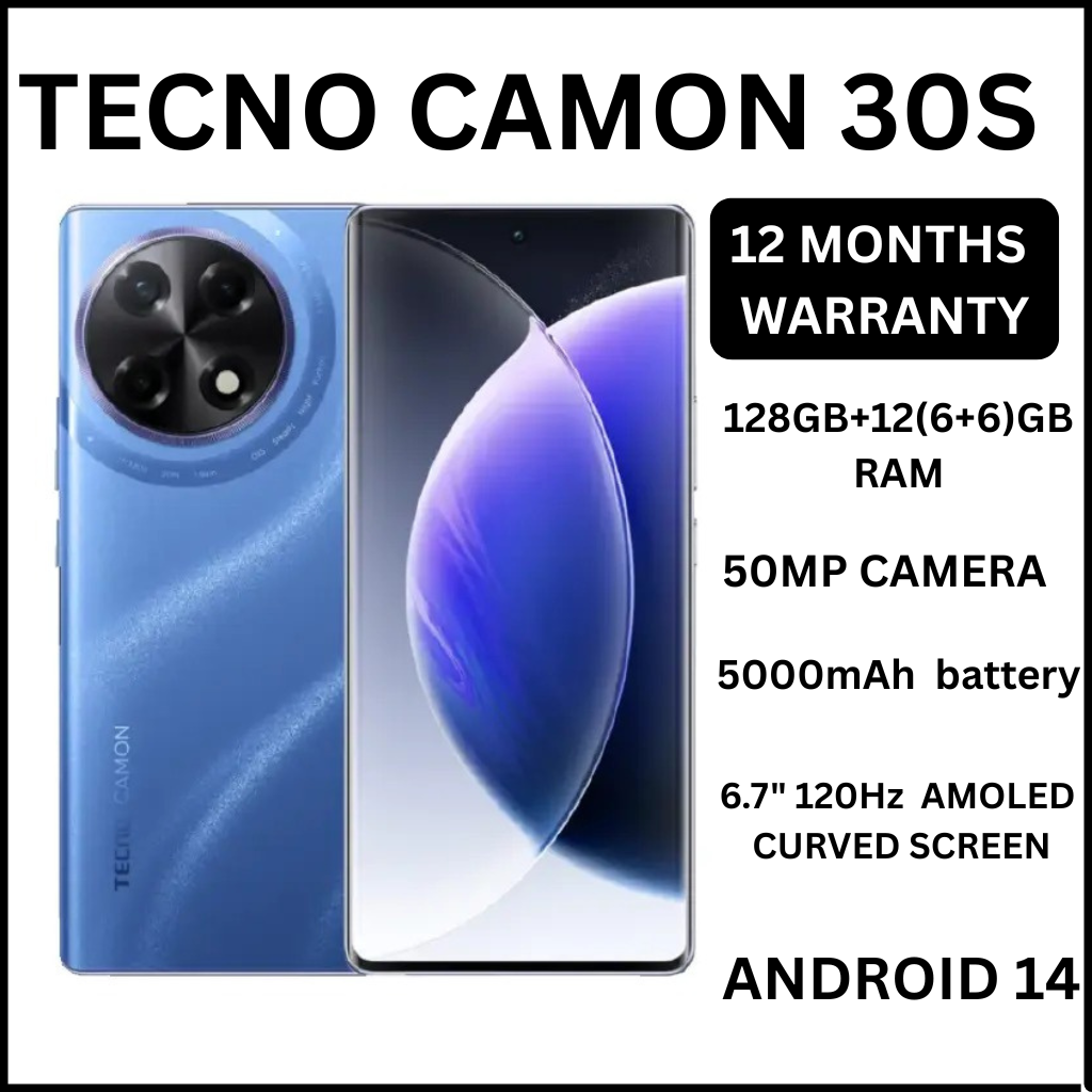 [Super Brand] Tecno Camon 30S 128GB+12(6+6)GB RAM 6.7" 3D-Curved AMOLED 120Hz Screen Dual Sim Phone MTK Helio G100 33W 5000mAh 50MP Dual Speaker Android 14 Smart Phones