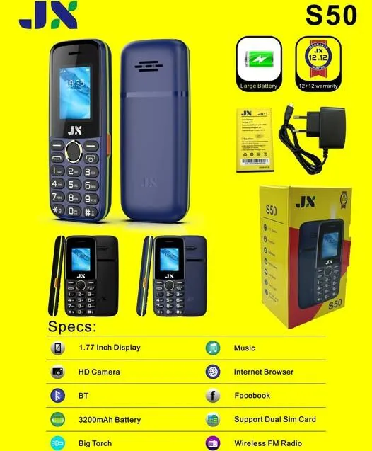 JX S50 Display 1.77inchScreen Dual sim PHONE with Facebook/Bluetooth/Vibrator/Wireless FM/MP3/MP4/Big Torch/Auto callrecording Battery 3200mAh KABAMBE/KATULULU/MULIKA MWIZI FEATURE PHONE