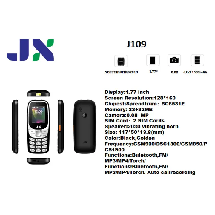 JX J109 NEW DESIGN (ON OFFER) WITH BIG TORCH, 1500MAH, FM WIRELESS, 1.77" SCREEN DUAL SIM CARD MULIKA MWIZI/KABAMBE/KATULULU/BATTON PHONE