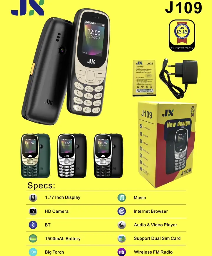 JX J109 NEW DESIGN (ON OFFER) WITH BIG TORCH, 1500MAH, FM WIRELESS, 1.77" SCREEN DUAL SIM CARD MULIKA MWIZI/KABAMBE/KATULULU/BATTON PHONE