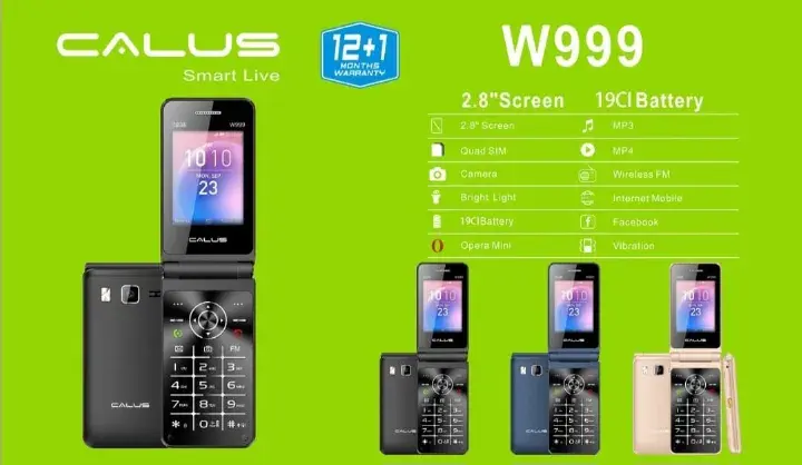 Calus W999, QUAD SIM(4 SIM CARDS), SUPER SPEAKER, TORCH, LARGE DISPLAY,TYPE C FAST CHARGE,BIG BATTERY 19Cl, FLIP PHONE.