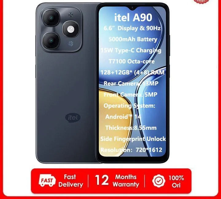 Itel A90 128GB+12(4+8)GB RAM 6.6“ 90HZ Display Phone Dual SIM 4G Network 13MP Camera Fingerprint Unlock 15W 5000 mAh Battery Android 14 T7100 Octa-core Smart Phones