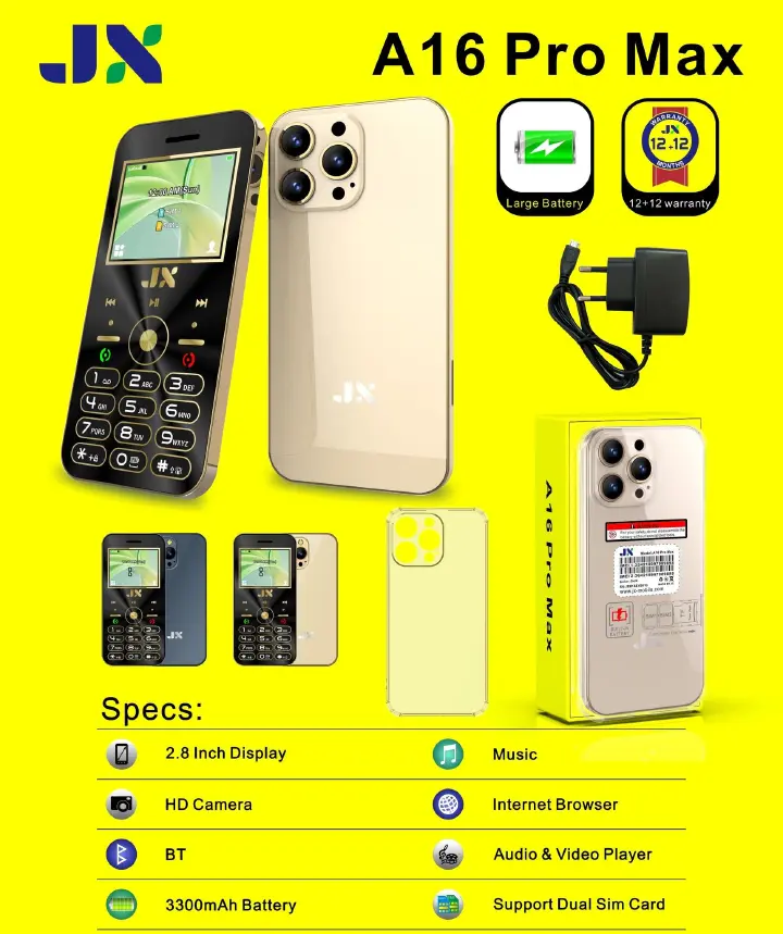 JX A16 pro max,dual sim card, 2.8 inch display,3300mAh BATTERY CAPACITY , internet browser. 32MB RAM, Big Torch, FM Radio, 2G Enabled, Phonebook 2000 Contacts - Feature Phones
