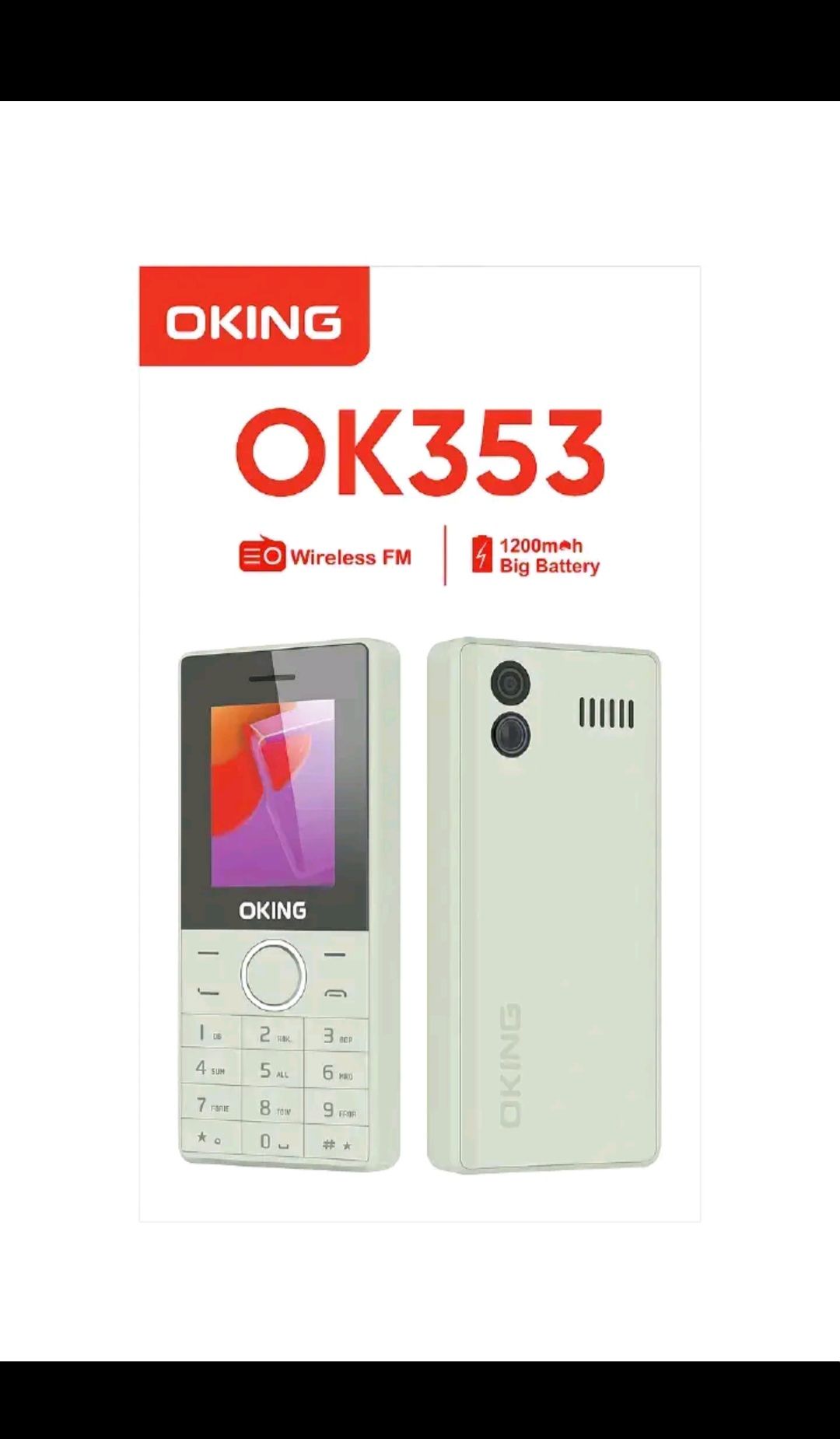 Oking OK353 2.4 INCH Display 1200mAH battery, bright flashlight, Vibration, Wireless FM with big buttons and Rear Camera FEATURE PHONE!!!