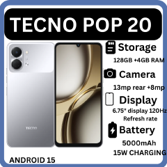 NEW ARRIVAL!TECNO POP 20 128GB ROM +4GB RAM 6.75 inch 5000mAh Battery 13MP Main Camera Dual SIM 4G 15W FAST CHARGE UNISOC T7250 PROCESSOR Android 15 Mobile Phones SMARTPHONES+FREE GIFTS JUST FOR YOU