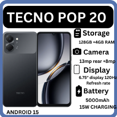 NEW ARRIVAL!TECNO POP 20 128GB ROM +4GB RAM 6.75 inch 5000mAh Battery 13MP Main Camera Dual SIM 4G 15W FAST CHARGE UNISOC T7250 PROCESSOR Android 15 Mobile Phones SMARTPHONES+FREE GIFTS JUST FOR YOU