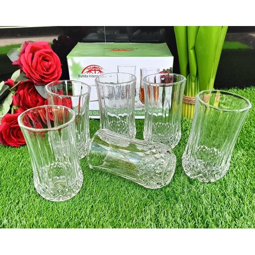 Sundabest Multipurpose Drinking Glasses – Set of 6 pcs ideal for serving water, juice, soda, cocktails, iced tea, milk, and other beverages at home or in hospitality settings. Perfect for home, hotels