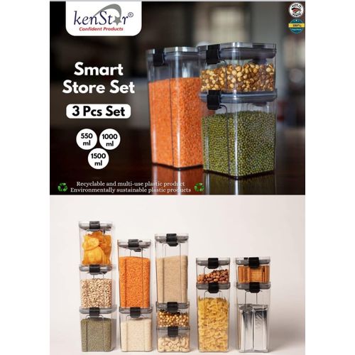 Kenstar 3pc Acrylic Smart Store Set (550ml / 1000ml / 1500ml): perfect for storing spices, grains, cereals, snacks, pulses, and other dry food items. ideal for home, restaurants, schools, shops
