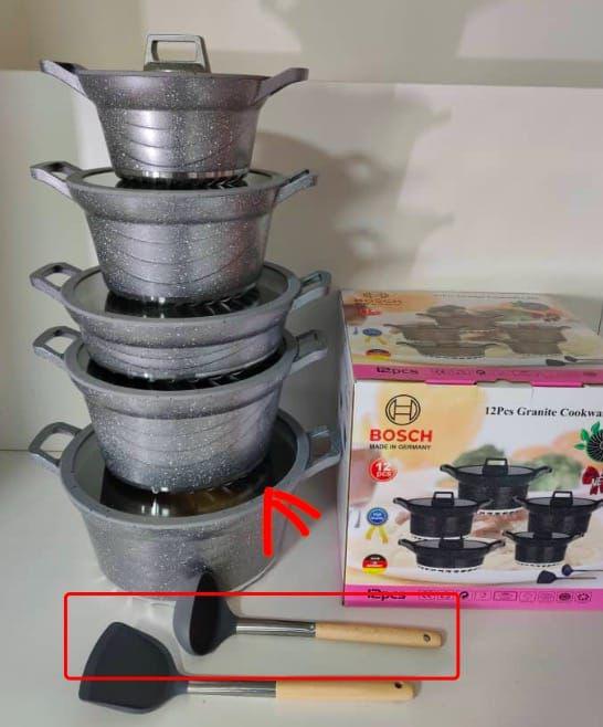 🌱COOK TO PERFECTION 🌱Bosch 12PCS German Granite Nonstick Cookware With Silicone Lid And Spoons.Durable
Non-stick granite coating with semi-glass lid
Specially designed bottom for better heat efficie