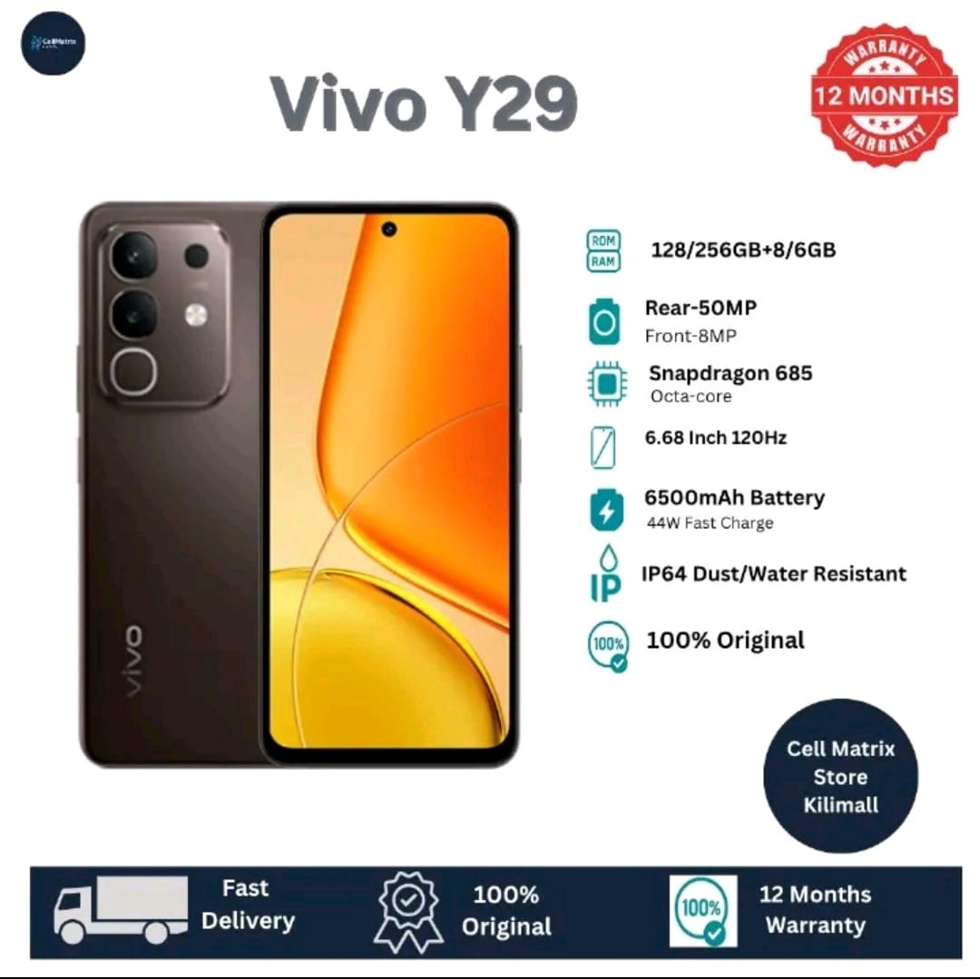 Vivo   Y29 256GB 8 RAM  6,68 inch 129hz Display 50mp+8gb  camera 6500mAh Battrey  44w fast charging dual sim ip64 water/dust resistant ANDROID 15