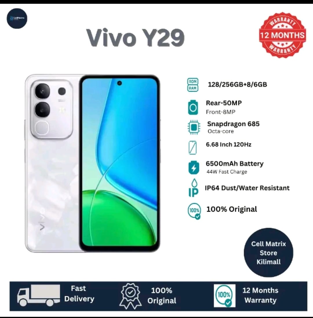 Vivo   Y29 256GB 8 RAM  6,68 inch 129hz Display 50mp+8gb  camera 6500mAh Battrey  44w fast charging dual sim ip64 water/dust resistant ANDROID 15