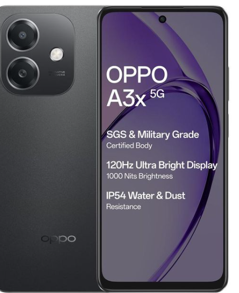 Brand 	Oppo
Model	A3x
Operating System	Android 14, ColorOS 14
Chipset	Qualcomm Snapdragon 6s Gen 1
GPU 	Adreno 610
Storage	64GB, 128GB
RAM	4GB
Card Slot	microSDXC
Rear Camera	8MP
Front Camera	5MP