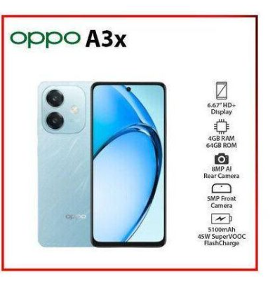 Brand 	Oppo
Model	A3x
Operating System	Android 14, ColorOS 14
Chipset	Qualcomm Snapdragon 6s Gen 1
GPU 	Adreno 610
Storage	64GB, 128GB
RAM	4GB
Card Slot	microSDXC
Rear Camera	8MP
Front Camera	5MP