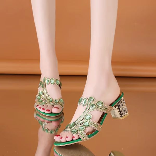 Factory Direct Supply Women Shoes Sandals Ladies Rhinestone Chunky Heel Sandals