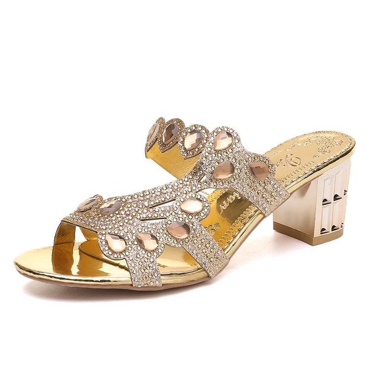 Factory Direct Supply Women Shoes Sandals Ladies Rhinestone Chunky Heel Sandals