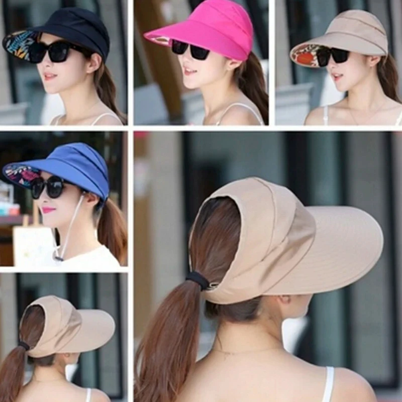 Women Ladies Foldable Wide Brim Anti-UV Visor Caps Beach Cap Casual Hats Sun Hat