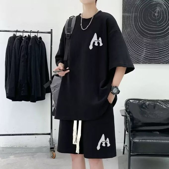 2 PCS 2 in 1 Men Clothes T-Shirts tshirts Shorts Polos Men Suits Fashion Summer Print Round Neck Short Sleeve Shorts T-Shirt Sets White