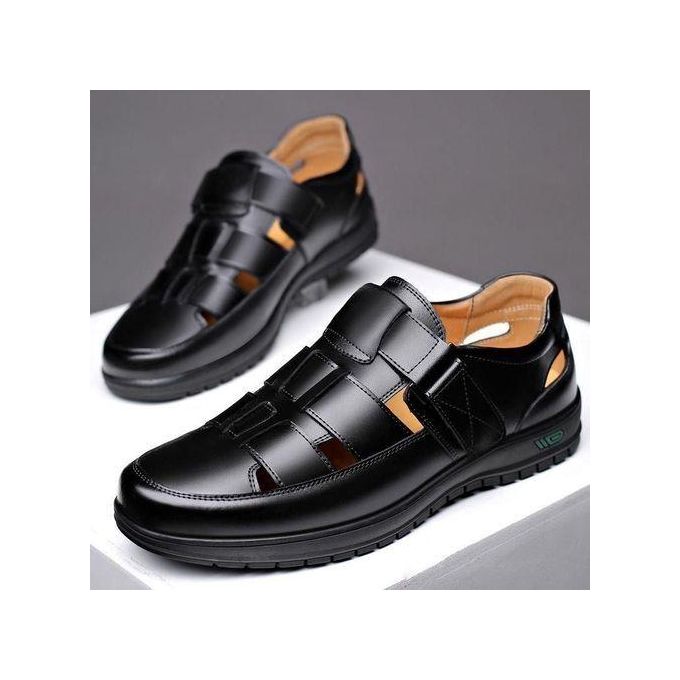 Mens Palm Casual Half Open Soft Sandals PU Leather Shoes Slippers - Black