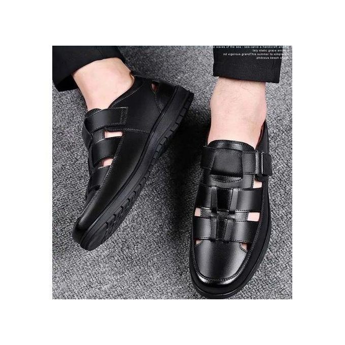 Mens Palm Casual Half Open Soft Sandals PU Leather Shoes Slippers - Black